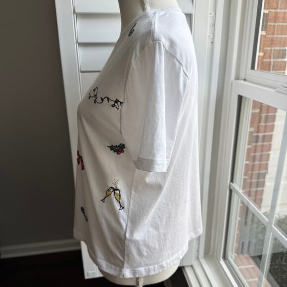 J. CREW Embroidered Party Tee Womens Small White Embellished Cheers Holiday Boxy - Picture 6 of 14